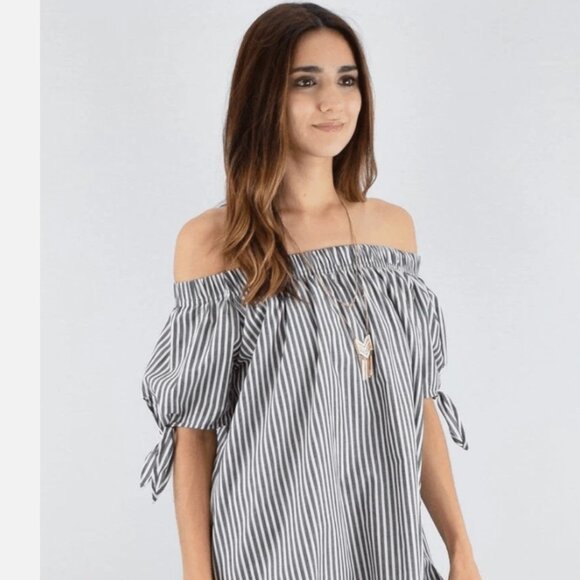 H.I.P Blue STRIPE KNOT SLEEVE OFF SHOULDER DRESS - Picture 1 of 6